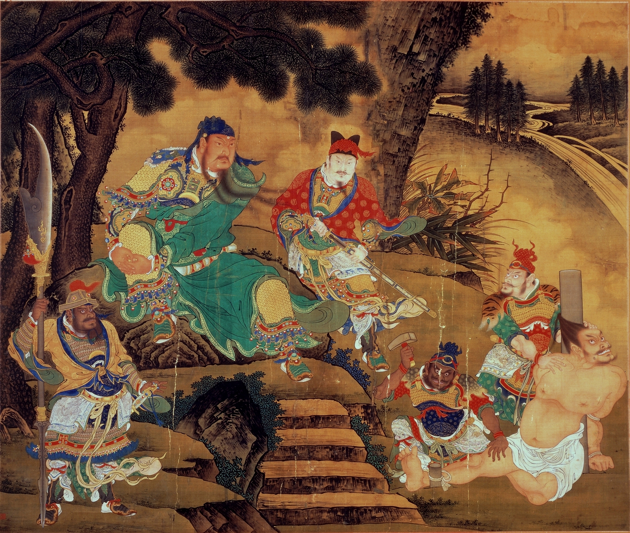 商喜工笔重彩画《关羽擒将图》绢本（整体）