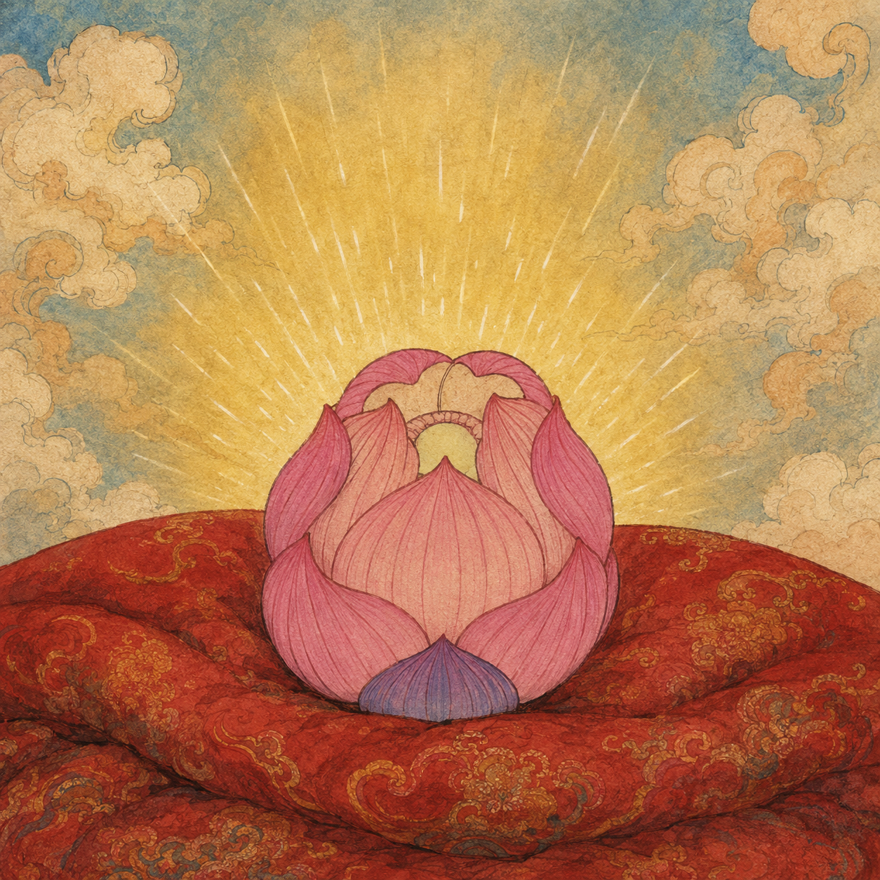 A lotus-shaped flesh ball opening to reveal the miraculous birth of Nezha.