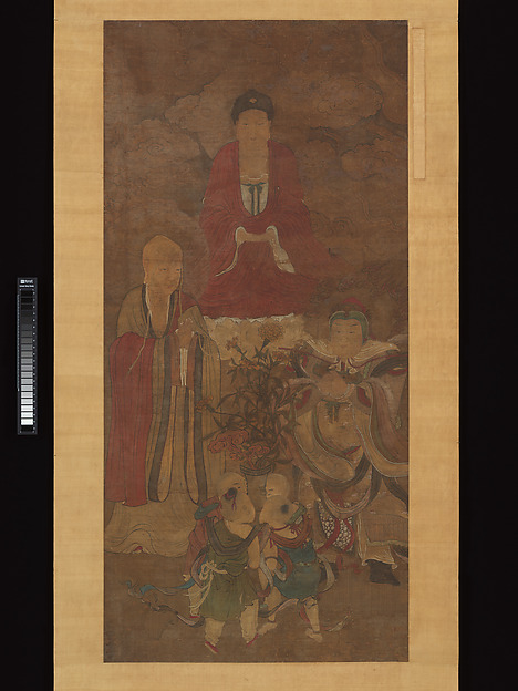 Shakyamuni with luohan, heavenly king, and boys