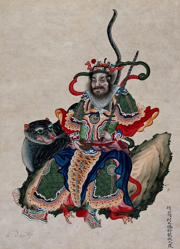 A Chinese deity with sword accompanied by a tiger. Gouache