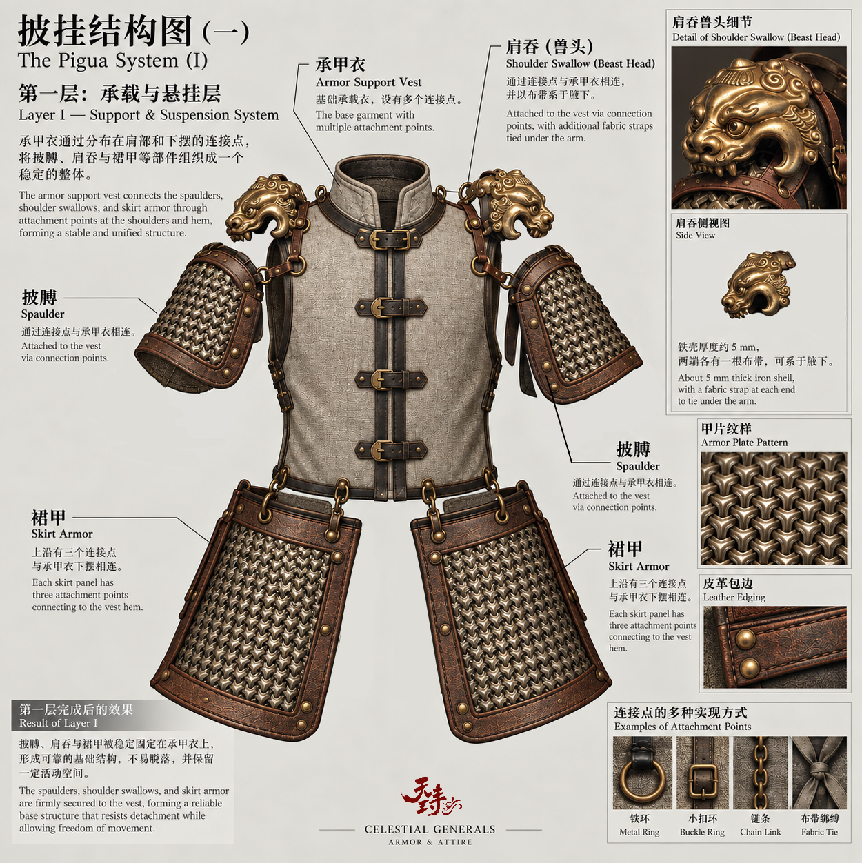 Bilingual structure diagram of Pigua Layer I showing the Armor Support Vest with Arm Armor, Shoulder Swallows, Skirt Armor, and attachment points.