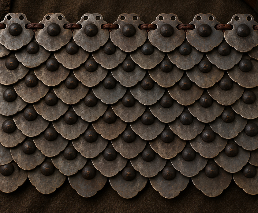 Large overlapping armor plates with raised studs in a Wuchui-style reconstruction