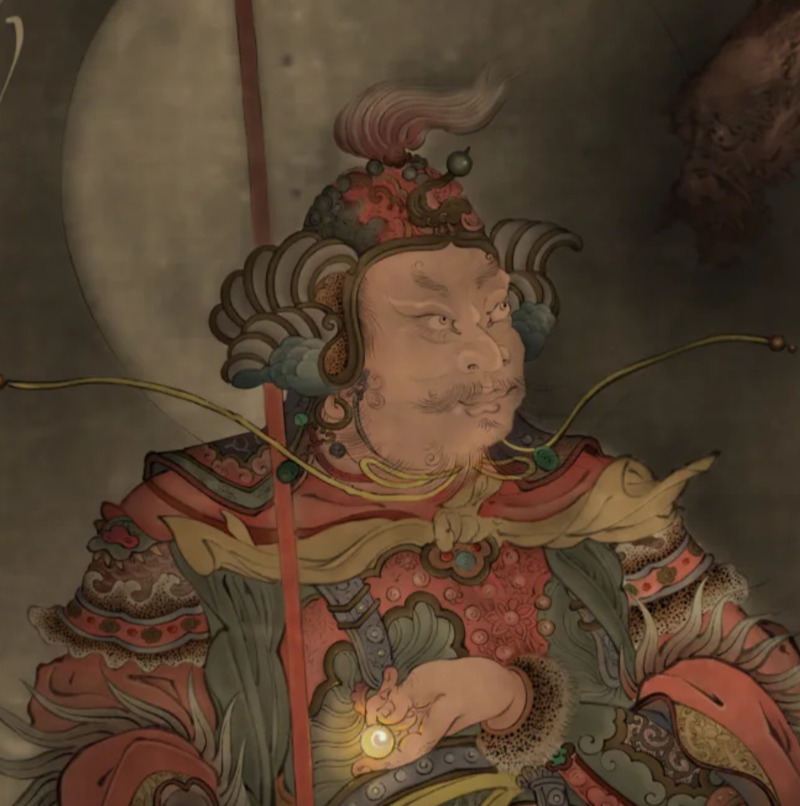 Shoulder scarf layered between the neck and armor of an armored guardian figure