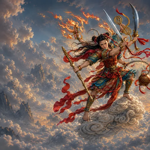Multi-armed Nezha with weapons and red ribbons beneath a fiery sky, from his Ultimate Profile.